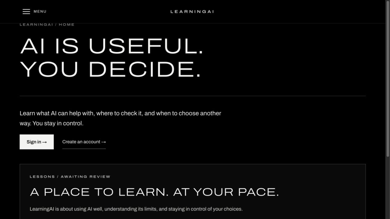 LearningAI’s public page: AI is useful. You decide. Lessons awaiting review.