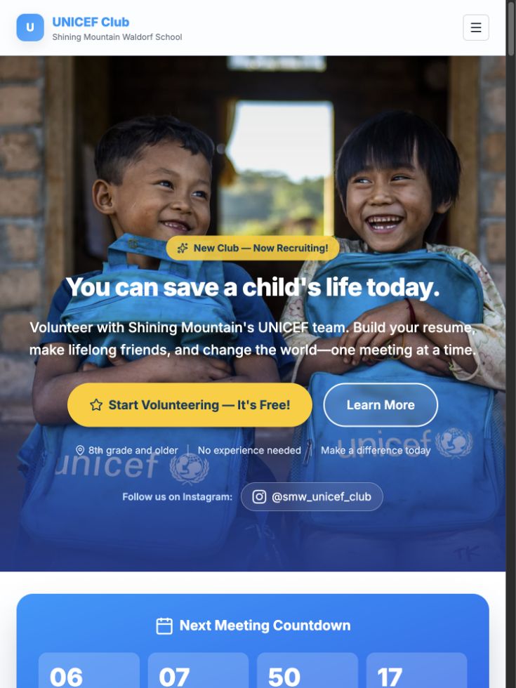 The SMW4Kids website I designed and built for Shining Mountain’s UNICEF Club.